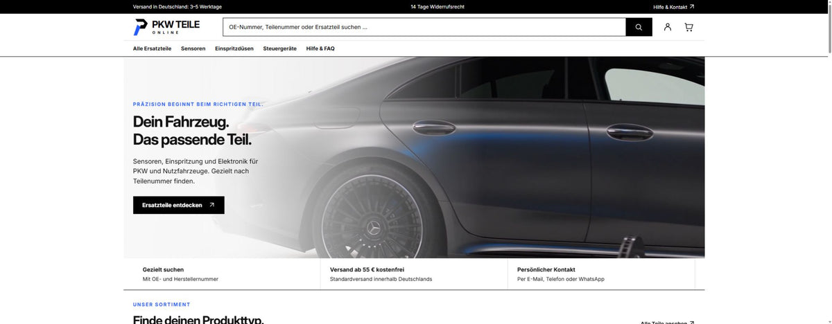 Screenshot der Startseite von PKW Teile Online – Klickkartell-Referenz