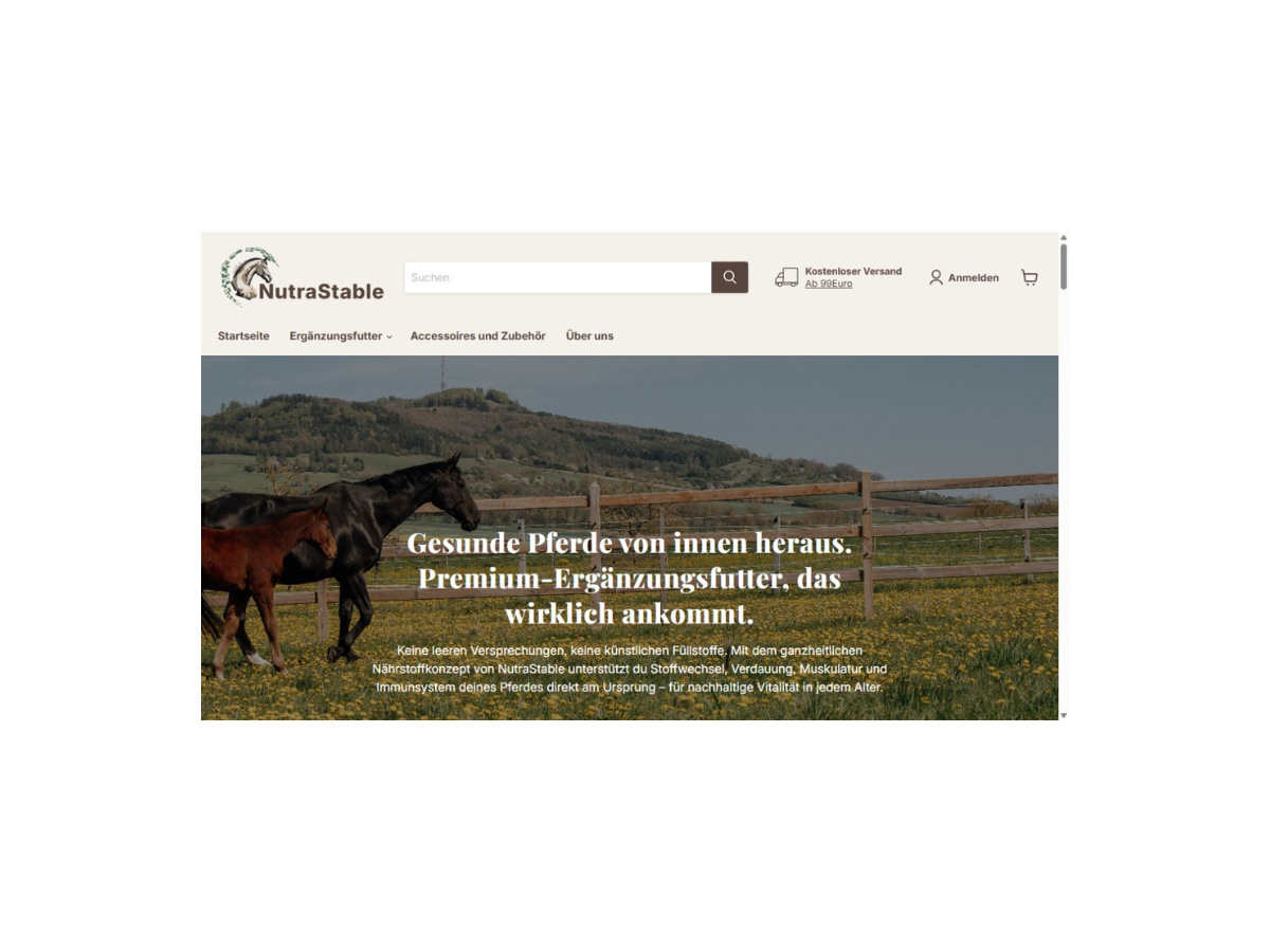 Screenshot der Startseite von Nutra Stable – Klickkartell-Referenz